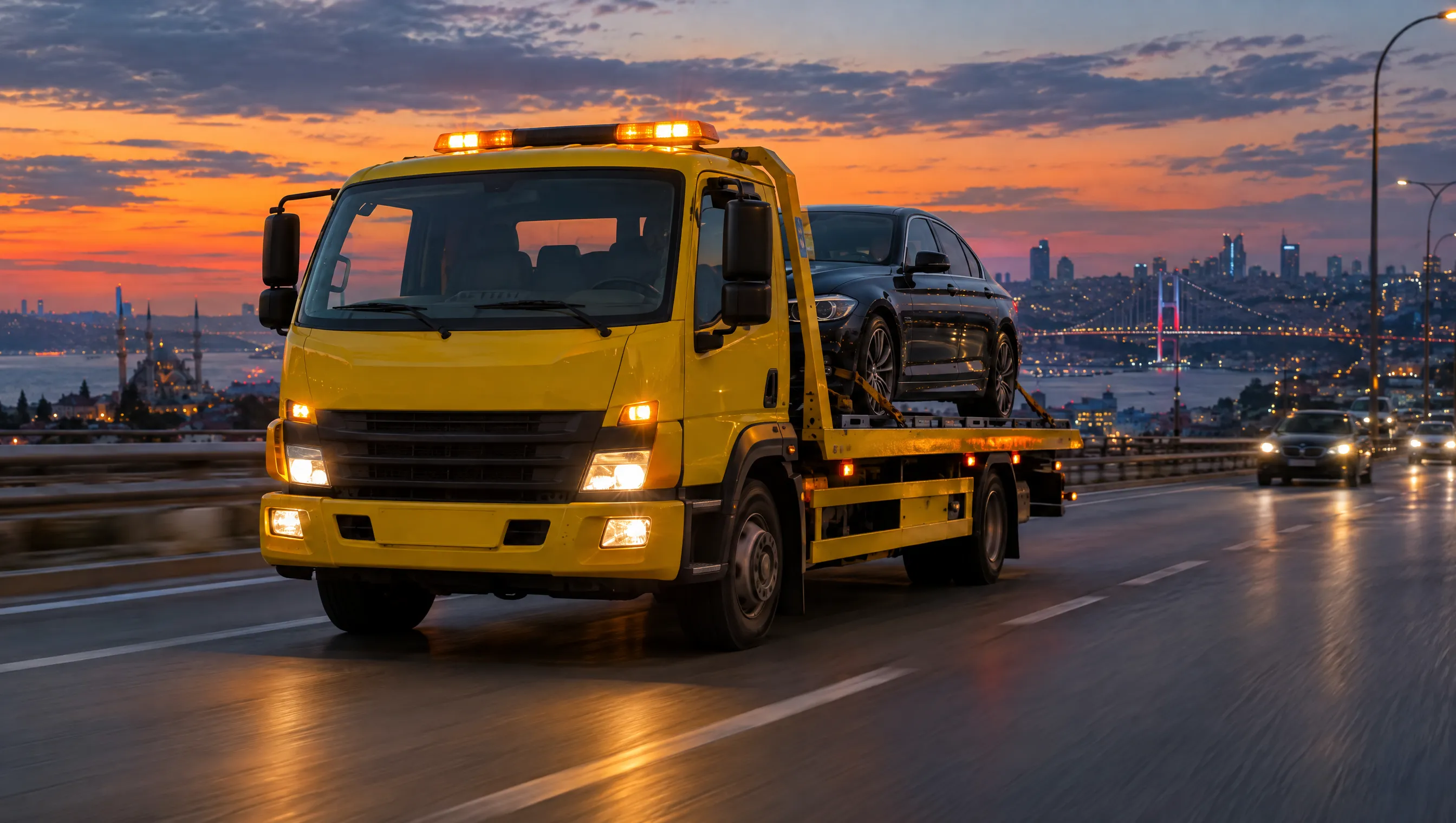 İstanbul’da gün batımında aracı taşıyan sarı yol yardım çekicisi